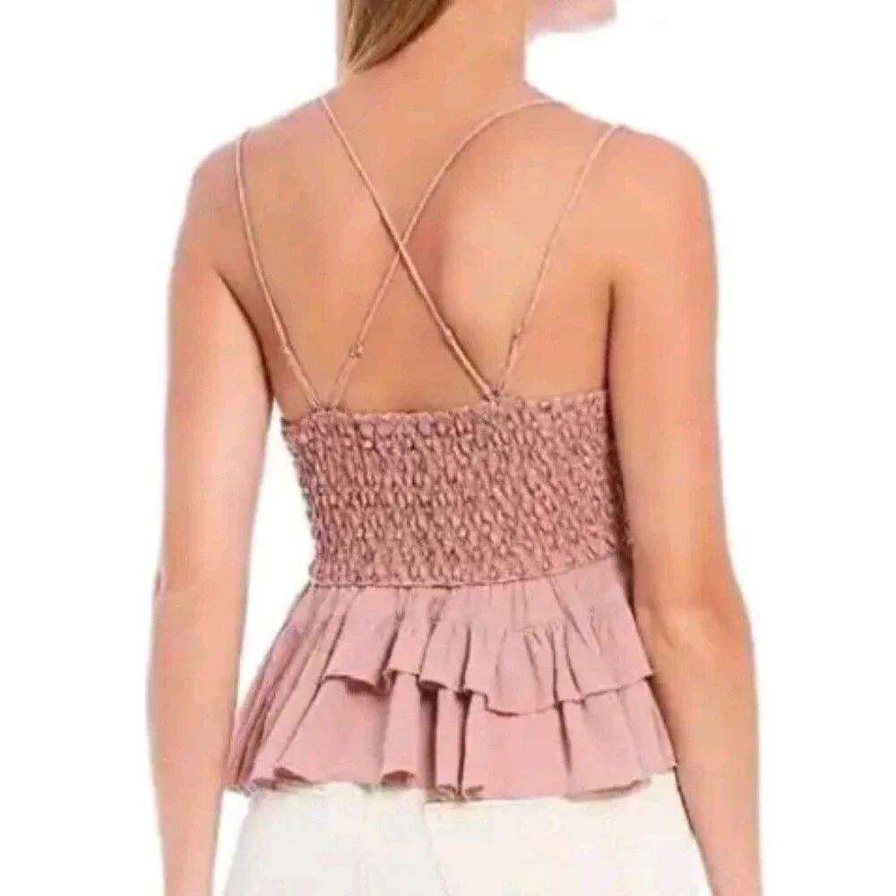 Free People Adella Cami Pink Mauve Boho Chic Lace Top Strappy Blouse Size S New
